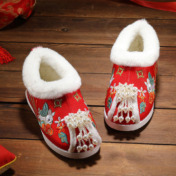 Pantofi de iarnă pentru fete, cu căptușeală fleece, broderie florală, partea superioară din bumbac, talpă din cauciuc, stil etnic