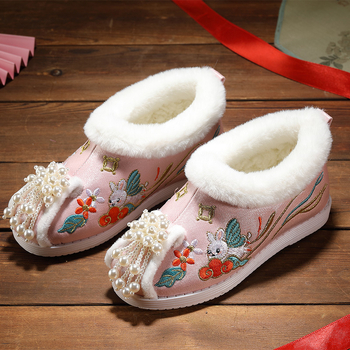 Pantofi de iarnă pentru fete, cu căptușeală fleece, broderie florală, partea superioară din bumbac, talpă din cauciuc, stil etnic