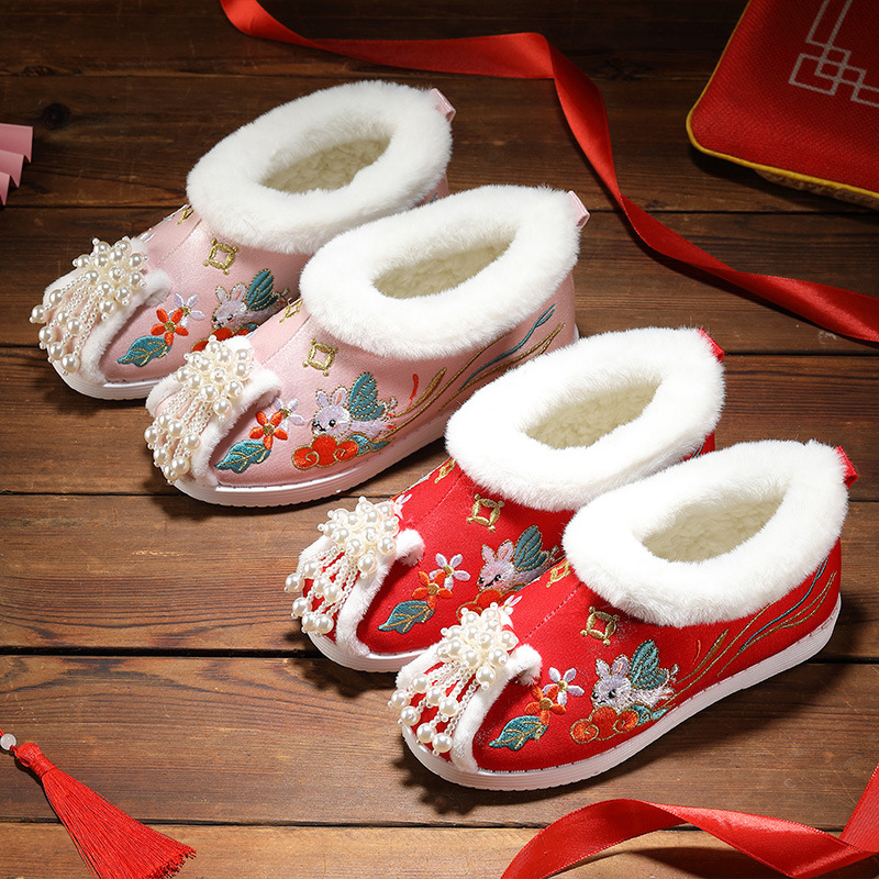 Pantofi de iarnă pentru fete, cu căptușeală fleece, broderie florală, partea superioară din bumbac, talpă din cauciuc, stil etnic