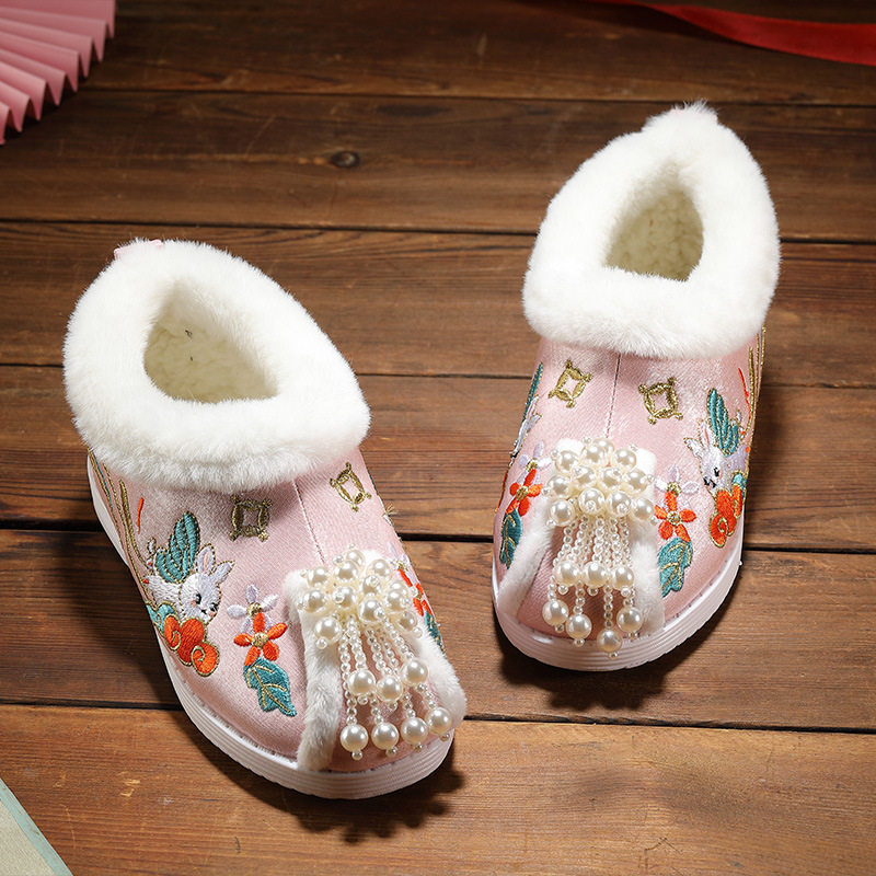 Pantofi de iarnă pentru fete, cu căptușeală fleece, broderie florală, partea superioară din bumbac, talpă din cauciuc, stil etnic