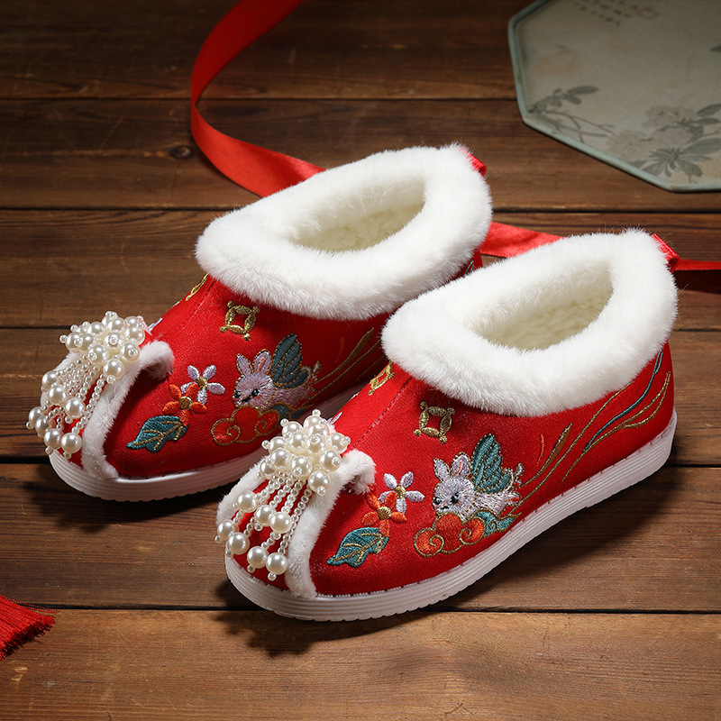 Pantofi de iarnă pentru fete, cu căptușeală fleece, broderie florală, partea superioară din bumbac, talpă din cauciuc, stil etnic