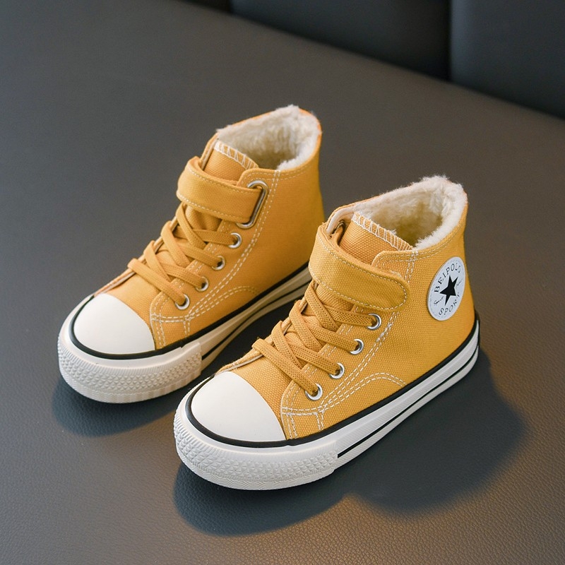 Gyerekek téli vászoncipő fleece béléssel, Velcro-zárás – vastag vászon felsőrész, gumi talp, uniszex