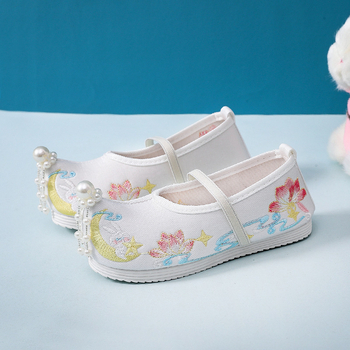 Pantofi de fete din material textil cu broderie, handmade, în stil Hanfu etnic, închidere cu bandă elastică, partea superioară din bumbac, talpă din cauciuc