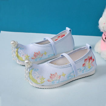 Pantofi de fete din material textil cu broderie, handmade, în stil Hanfu etnic, închidere cu bandă elastică, partea superioară din bumbac, talpă din cauciuc