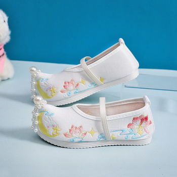 Pantofi de fete din material textil cu broderie, handmade, în stil Hanfu etnic, închidere cu bandă elastică, partea superioară din bumbac, talpă din cauciuc