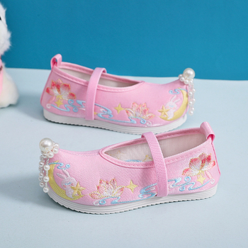 Pantofi de fete din material textil cu broderie, handmade, în stil Hanfu etnic, închidere cu bandă elastică, partea superioară din bumbac, talpă din cauciuc