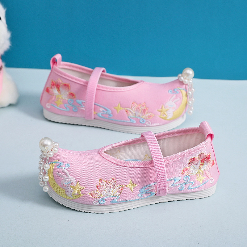 Pantofi de fete din material textil cu broderie, handmade, în stil Hanfu etnic, închidere cu bandă elastică, partea superioară din bumbac, talpă din cauciuc