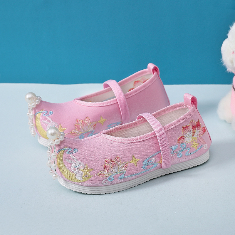 Pantofi de fete din material textil cu broderie, handmade, în stil Hanfu etnic, închidere cu bandă elastică, partea superioară din bumbac, talpă din cauciuc