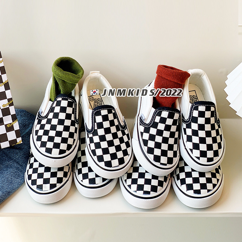 Balala Monkey K-stil crno-bijeli karirani platneni tenisice za djecu, slip-on, proljeće-jesen, unisex