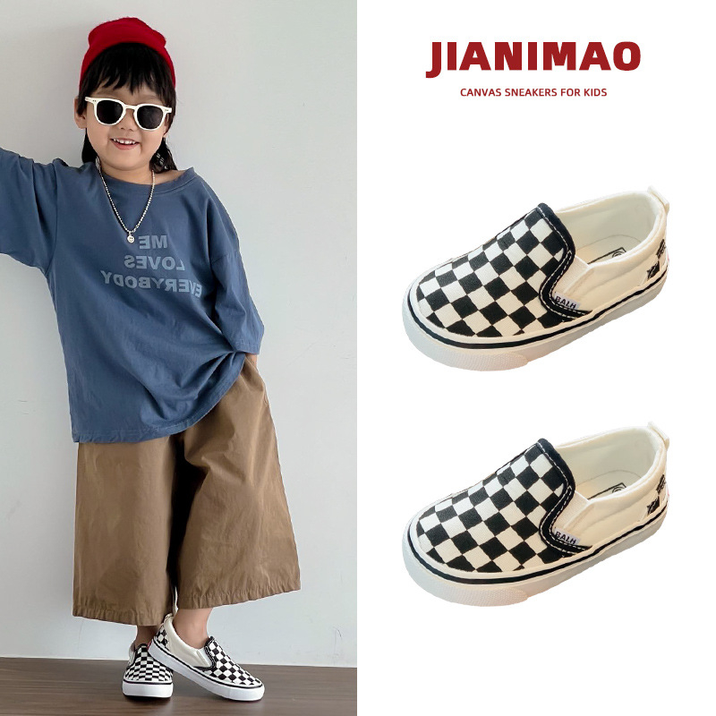 Balala Monkey K-stil crno-bijeli karirani platneni tenisice za djecu, slip-on, proljeće-jesen, unisex