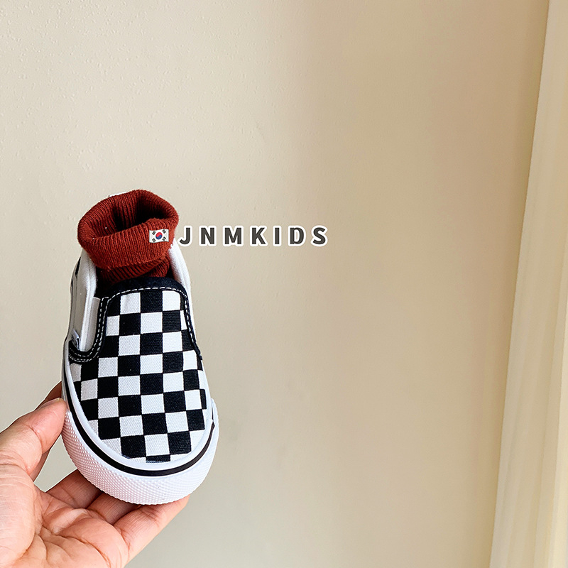 Balala Monkey K-stil crno-bijeli karirani platneni tenisice za djecu, slip-on, proljeće-jesen, unisex