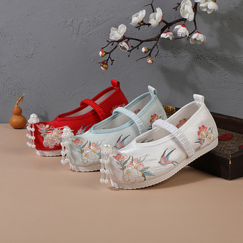 Pantofi din textile pentru copii, partea superioară din satin, căptușeală și branț din bumbac, talpă TPR, închidere cu bandă elastică, stil Național