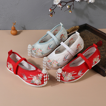Pantofi din textile pentru copii, partea superioară din satin, căptușeală și branț din bumbac, talpă TPR, închidere cu bandă elastică, stil Național