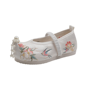 Pantofi din textile pentru copii, partea superioară din satin, căptușeală și branț din bumbac, talpă TPR, închidere cu bandă elastică, stil Național