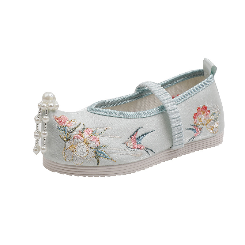 Pantofi din textile pentru copii, partea superioară din satin, căptușeală și branț din bumbac, talpă TPR, închidere cu bandă elastică, stil Național