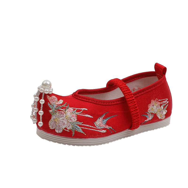 Pantofi din textile pentru copii, partea superioară din satin, căptușeală și branț din bumbac, talpă TPR, închidere cu bandă elastică, stil Național