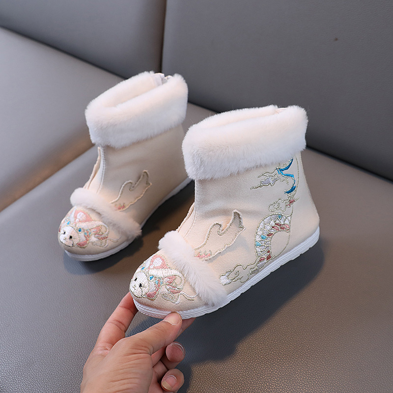 Gyerek Hanfu cipők, etnikus stílus, szatén felsőrész, TPR talp, hátsó cipzár