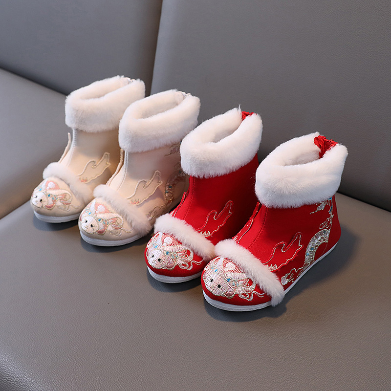 Gyerek Hanfu cipők, etnikus stílus, szatén felsőrész, TPR talp, hátsó cipzár