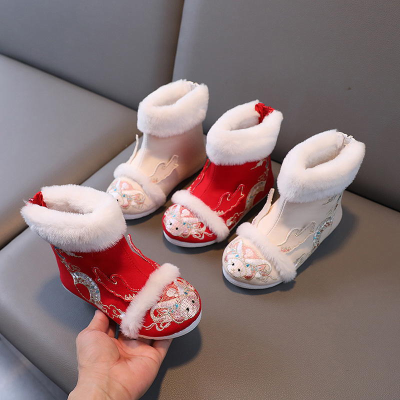 Gyerek Hanfu cipők, etnikus stílus, szatén felsőrész, TPR talp, hátsó cipzár