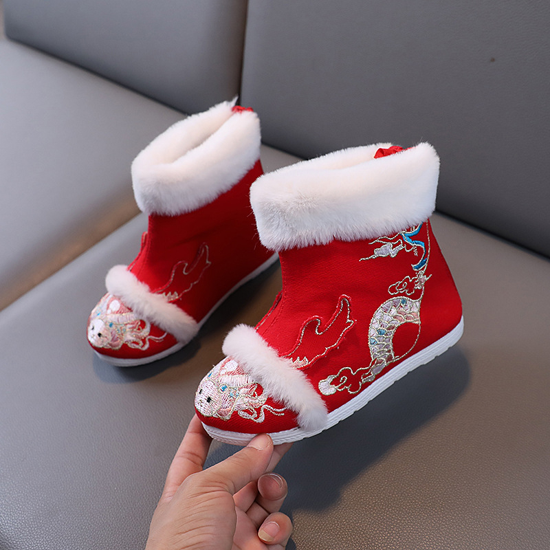 Gyerek Hanfu cipők, etnikus stílus, szatén felsőrész, TPR talp, hátsó cipzár