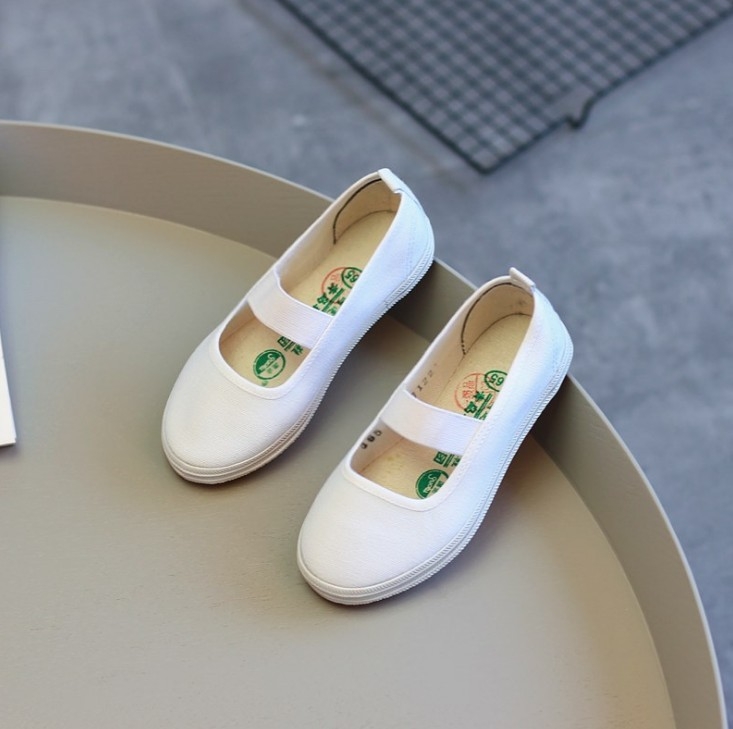 Pantofi de dans pentru copii – partea superioară din pânză, talpă din cauciuc, talpă joasă, PU branț, închidere cu bandă elastică