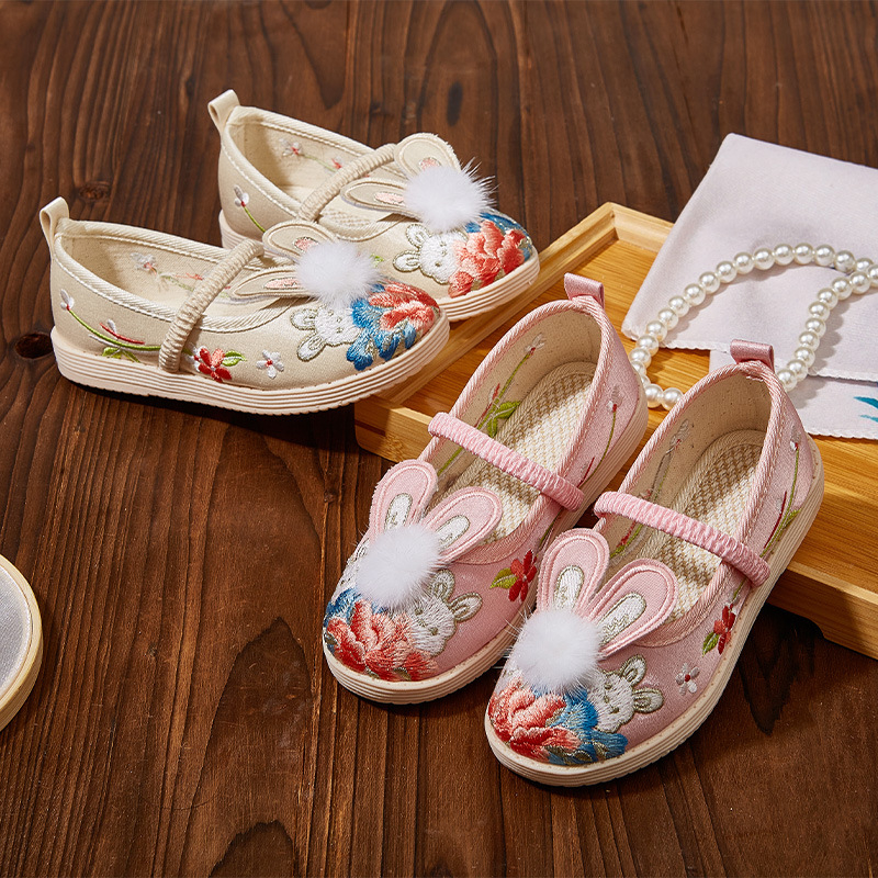 Pantofi tradiționali de pânză pentru copii, partea superioară din jacquard, broderie florală, talpă din cauciuc