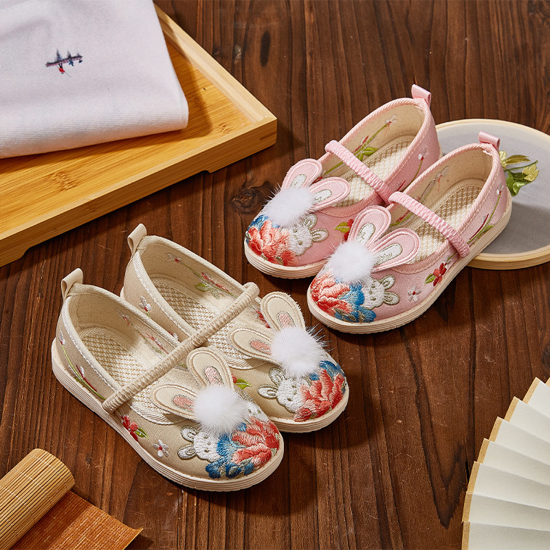 Pantofi tradiționali de pânză pentru copii, partea superioară din jacquard, broderie florală, talpă din cauciuc