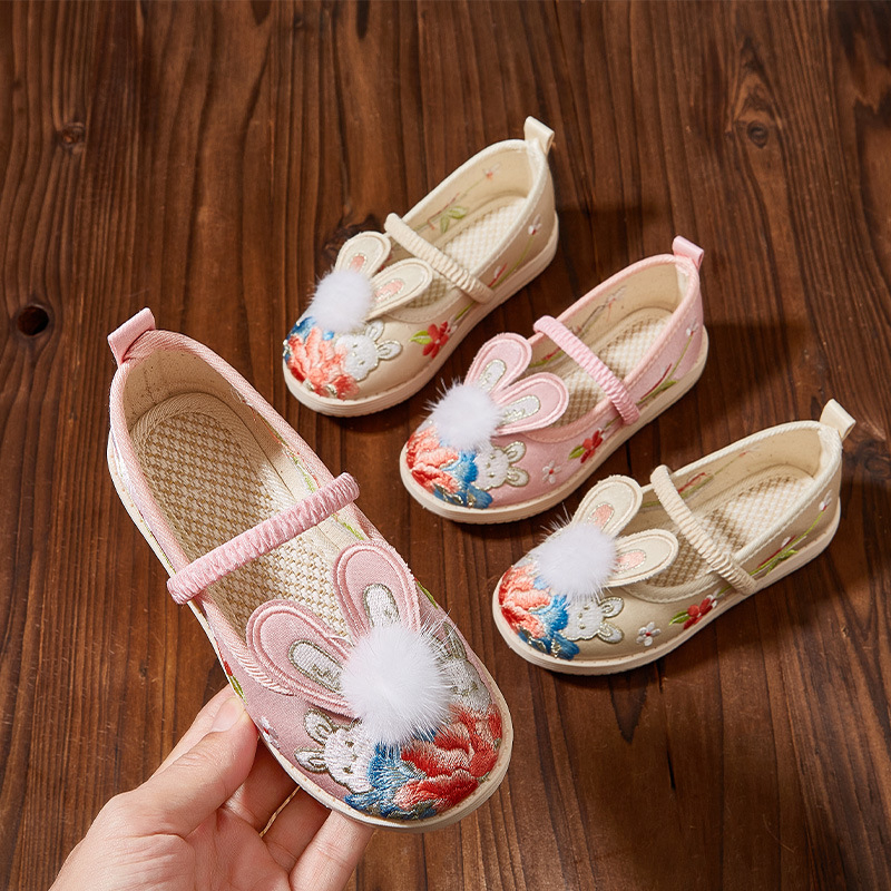 Pantofi tradiționali de pânză pentru copii, partea superioară din jacquard, broderie florală, talpă din cauciuc