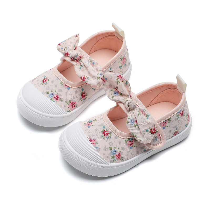Cipele za djevojčice za prve korake s floralnom mašnicom, Velcro zatvarač, mekana potplata, prozračne platnene tenisice za unutarnju upotrebu