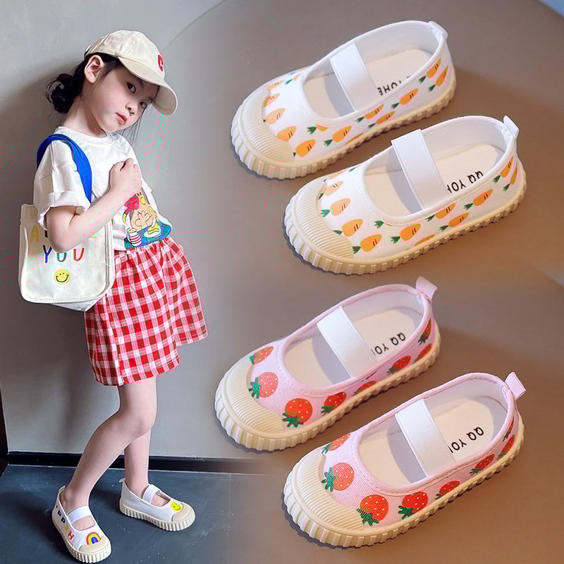 Gyerekeknek készült vászon sneakers, koreai stílus, karikatúra nyomtatás, vékony talp, elasztikus pánt, textil talpbetét