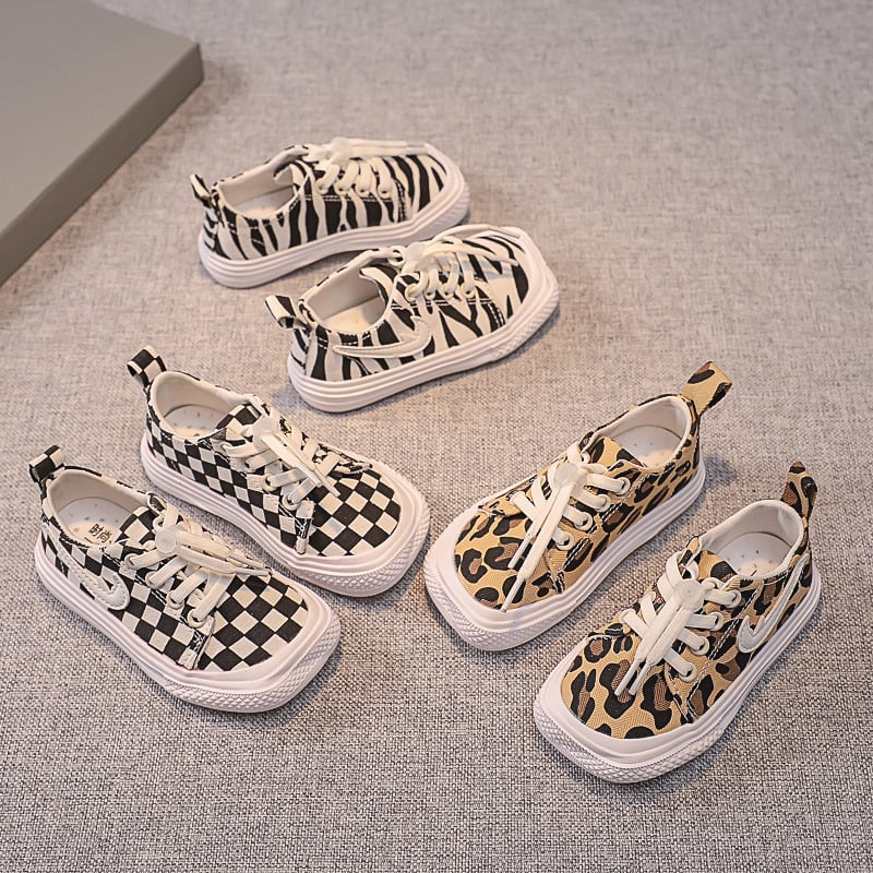 Gyerekeknek készült vászoncipő leopárd mintával – lélegző, csúszásmentes, kopásálló, gumitalp, tavasz és ősz
