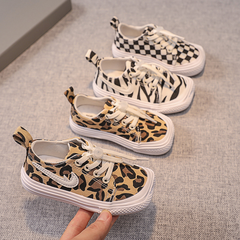 Gyerekeknek készült vászoncipő leopárd mintával – lélegző, csúszásmentes, kopásálló, gumitalp, tavasz és ősz