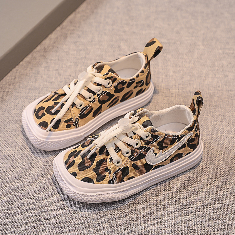 Gyerekeknek készült vászoncipő leopárd mintával – lélegző, csúszásmentes, kopásálló, gumitalp, tavasz és ősz