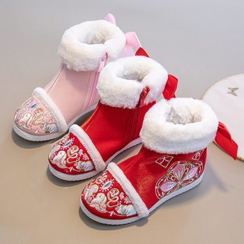 Dječje čizme za djevojčice, etnički stil, vrh od satena, podstava od fleece, đon od gume