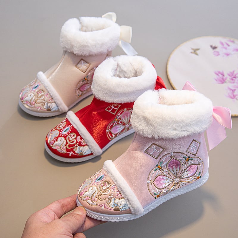 Dječje čizme za djevojčice, etnički stil, vrh od satena, podstava od fleece, đon od gume