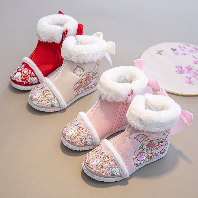 Dječje čizme za djevojčice, etnički stil, vrh od satena, podstava od fleece, đon od gume