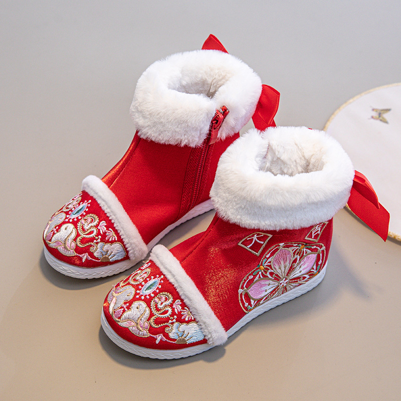 Dječje čizme za djevojčice, etnički stil, vrh od satena, podstava od fleece, đon od gume