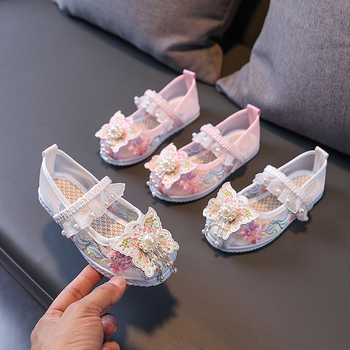 Dječje cipele za djevojčice s izvezenom mrežastom tkaninom, ljetni Hanfu stil, lagane i prozračne, s elastičnim remenom i protukliznim potplatom, za uzrast 1–16 godina