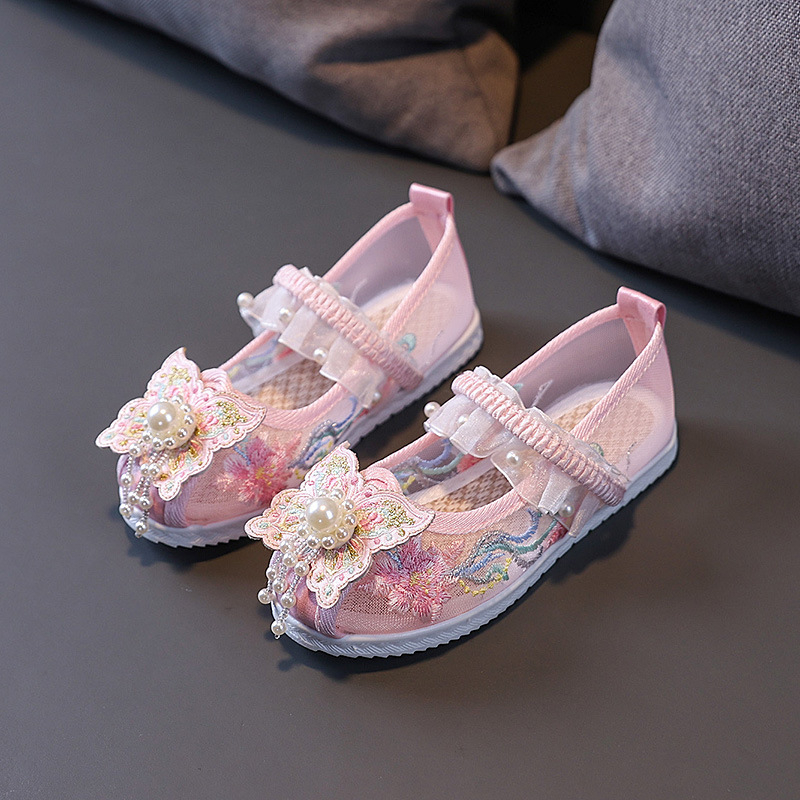 Dječje cipele za djevojčice s izvezenom mrežastom tkaninom, ljetni Hanfu stil, lagane i prozračne, s elastičnim remenom i protukliznim potplatom, za uzrast 1–16 godina
