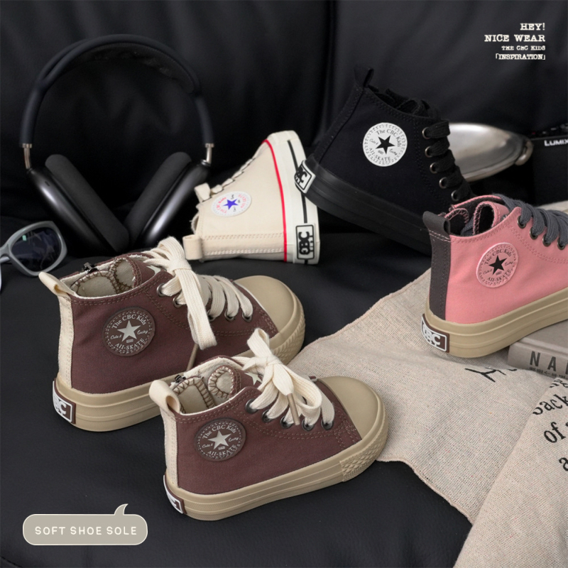 Pantofi de copii din pânză, înalți, unisex, fermoar lateral, talpă din cauciuc