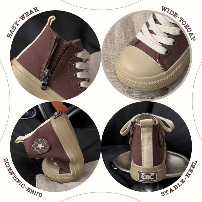 Pantofi de copii din pânză, înalți, unisex, fermoar lateral, talpă din cauciuc