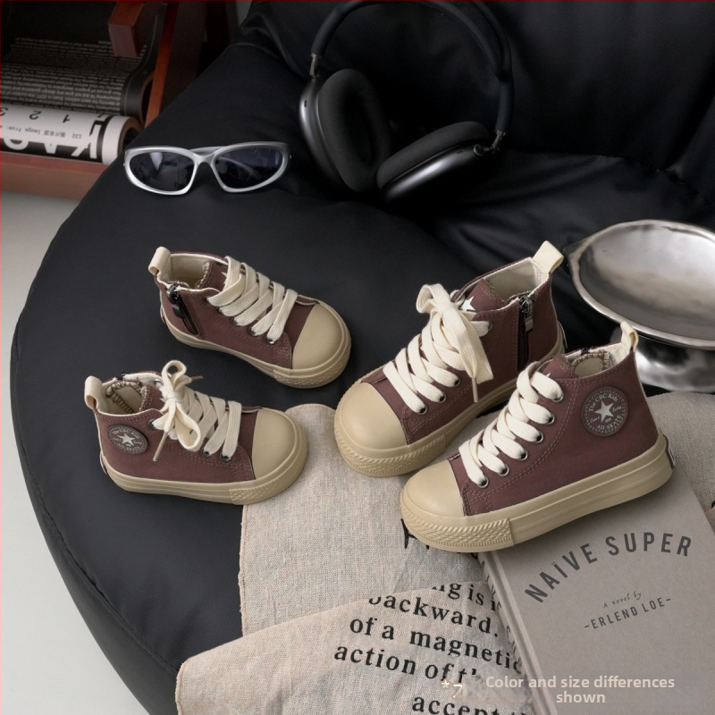 Pantofi de copii din pânză, înalți, unisex, fermoar lateral, talpă din cauciuc