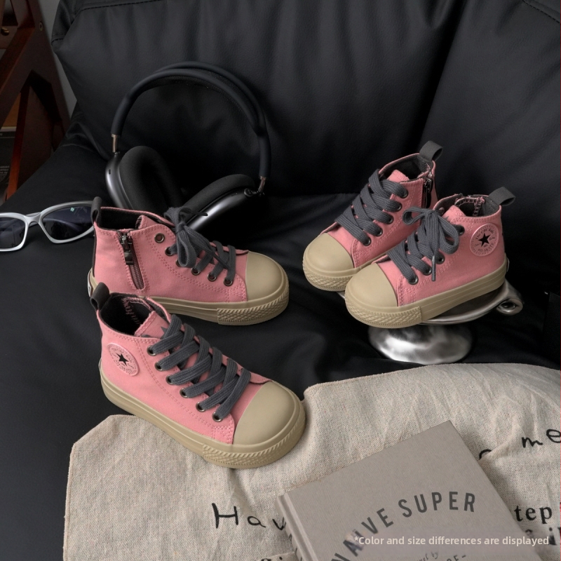 Pantofi de copii din pânză, înalți, unisex, fermoar lateral, talpă din cauciuc