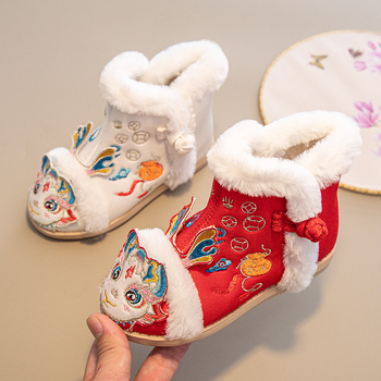 Lányok Hanfu bakancs, felső rész szatén, hímzés mintával, fleece bélés, gumírozott talp, meleg és könnyű