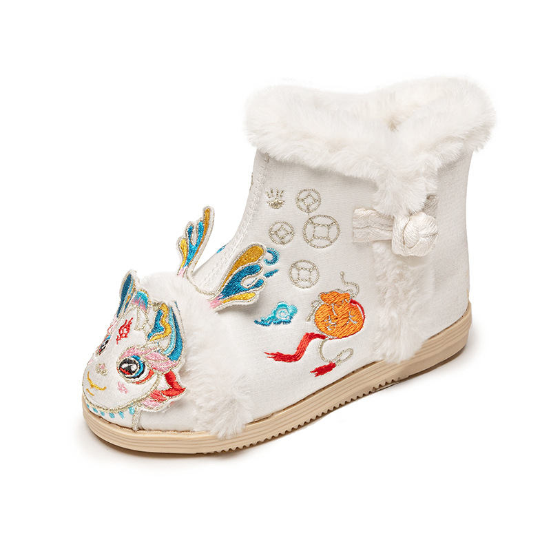 Lányok Hanfu bakancs, felső rész szatén, hímzés mintával, fleece bélés, gumírozott talp, meleg és könnyű