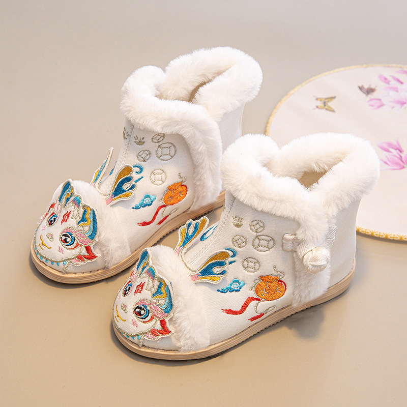 Lányok Hanfu bakancs, felső rész szatén, hímzés mintával, fleece bélés, gumírozott talp, meleg és könnyű