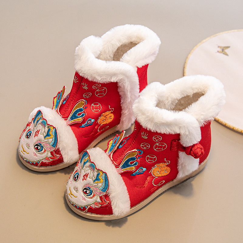 Lányok Hanfu bakancs, felső rész szatén, hímzés mintával, fleece bélés, gumírozott talp, meleg és könnyű