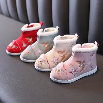 Pantofi tradiționali din pânză pentru fete, model brodat, parte superioară din bumbac, talpă din cauciuc, fermoar lateral