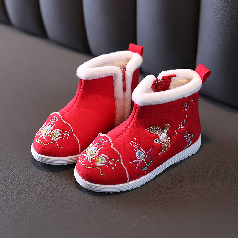 Pantofi tradiționali din pânză pentru fete, model brodat, parte superioară din bumbac, talpă din cauciuc, fermoar lateral