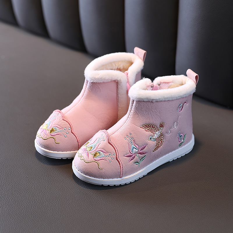 Pantofi tradiționali din pânză pentru fete, model brodat, parte superioară din bumbac, talpă din cauciuc, fermoar lateral